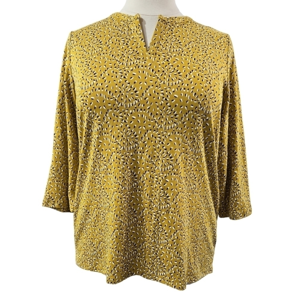 L.L. Bean 100% Cotton 3/4 Sleeve Splitneck Tunic Tee Mustard Yellow Abstract